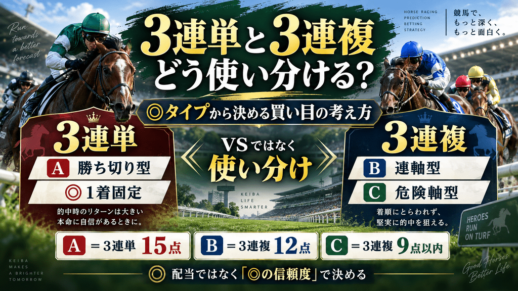 競馬予想で3連単と3連複を◎タイプA・B・Cから使い分ける考え方